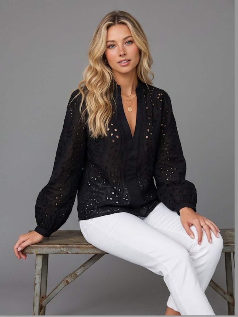 Black Eyelet Embroidered Blouse – Ruffle Stand Collar Split V-Neck Peasant Top - Picture 2 of 9